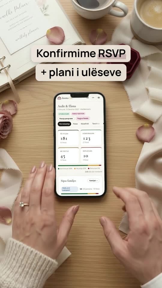 The same frame in the reel: the couple's DASMA VIP summary on screen, under the caption “Konfirmime RSVP + plani i ulëseve”