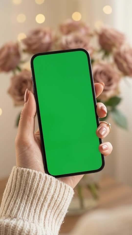 A frame from Flow: a hand holds a phone with a green screen, roses behind