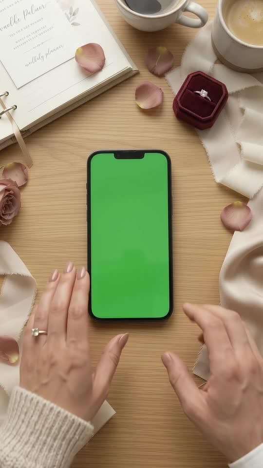 A frame from Flow: a phone lying on a table with a green screen, the couple's hands beside it